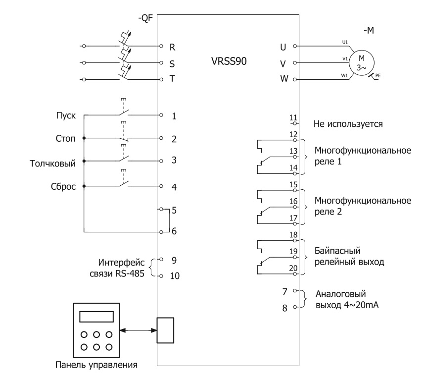 Схема подключения на устройство плавного пуска VRSS90-4T-22 22 кВт со встроенным байпассом